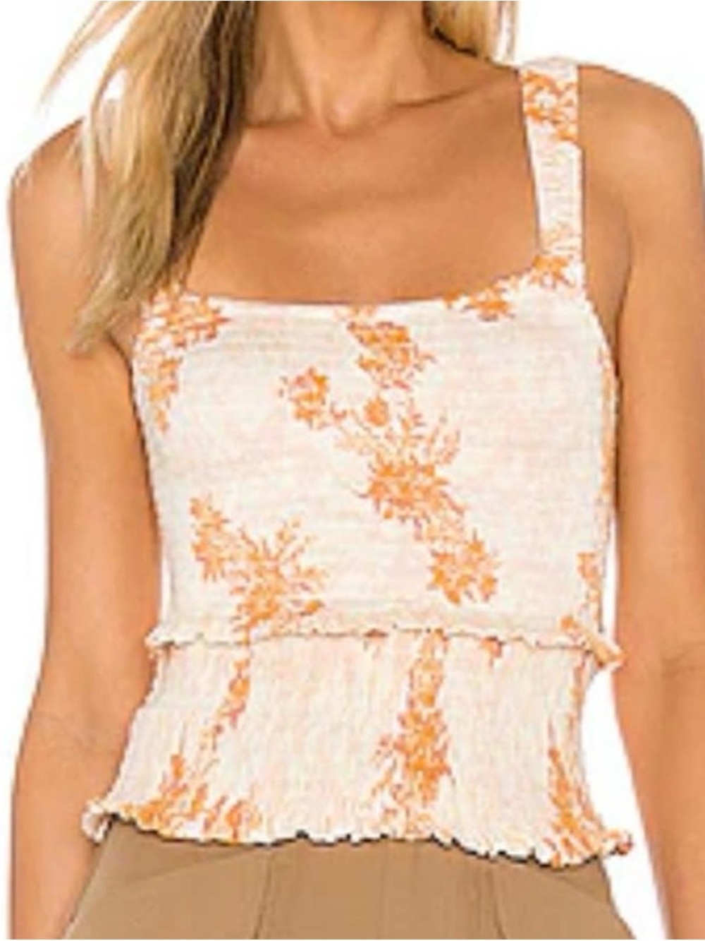 Free People Cream Smocked Tank with Orange Floral Accents